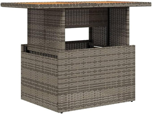 Adjustable Outdoor Dining Table 39.4"x21.7" Grey PE Rattan & Acacia Wood Lift Top Coffee Table for Garden Patio Balcony Modern Robust Furniture
