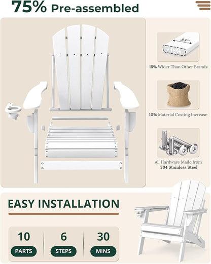 BRIOPAWS Folding-Adirondack-Chairs Set of 2 | HDPE | Fire Pit Chair | Cup Holder | Weather Resistance | White | for Outdoor Backyard Deck Patio
