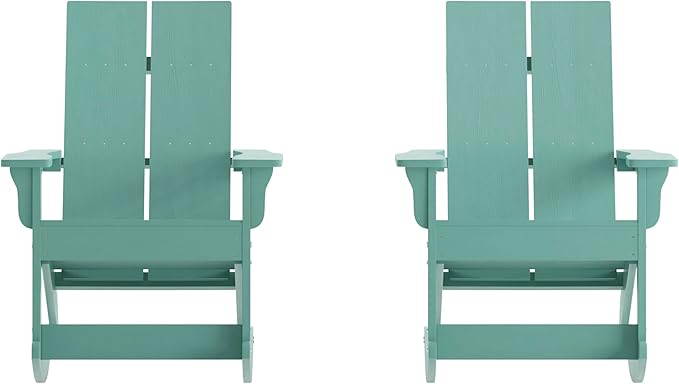 Flash Furniture Finn Modern Commercial Poly Resin Wood Adirondack Rocking Chair - All Weather Sea Foam Polystyrene - Slat Back - Stainless Steel Hardware - Set of 2