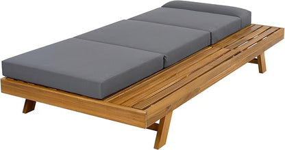 Merax Chaise Lounge Chair Set with Adjustable Backrest & Flat Storage Surface, 2/3 Foldable Acacia Wood Patio Recliner with 4" Thick Four-fold Cushion