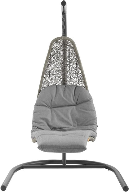 Modway Landscape Wicker Rattan Outdoor Patio Porch Chaise Lounge Hanging Swing Chair Set with Stand in Light Gray Gray