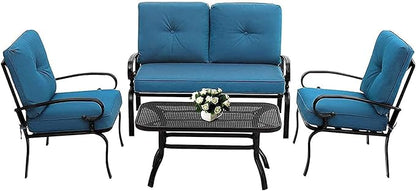 Outdoor Furniture Patio Conversation Set Loveseat, 2 Chairs, Coffee Table with Cushion, Lawn Front Porch Garden, Metal Chair Set Wrought Iron Look (Peacock Blue)