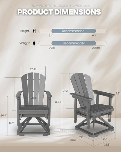 HDPE Swivel Glider Chair Outdoor, Weather Resistant Adirondack Outside Rocking Chair, Wooden Textured Outdoor Swivel Chair Set of 4 for Porch, Balcony, Poolside, Backyard (Grey)