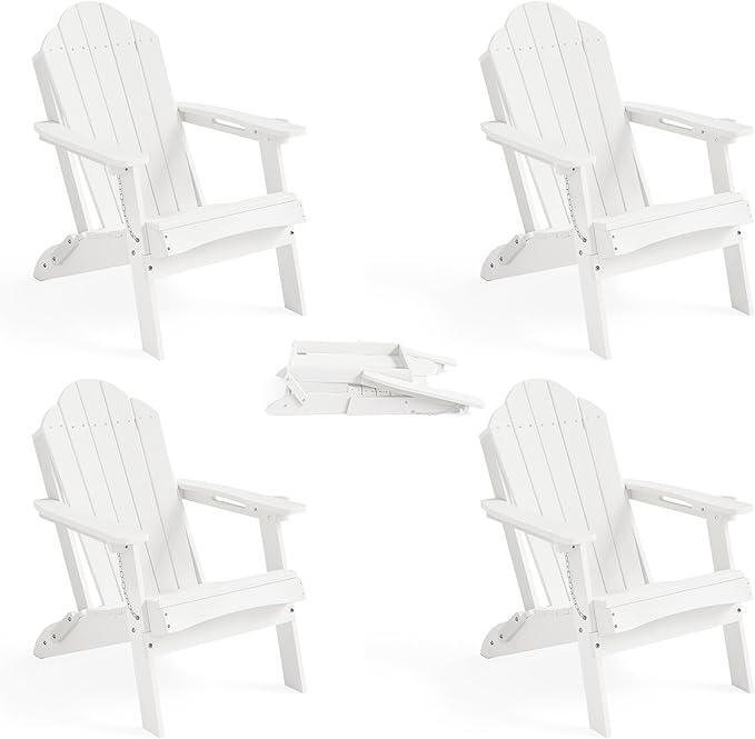 LUE BONA HDPE Folding Adirondack Chairs Set of 4 - Weather Resistant Seating with Cup Holder for Patio, Fire Pit, Deck & Resort Garden, White