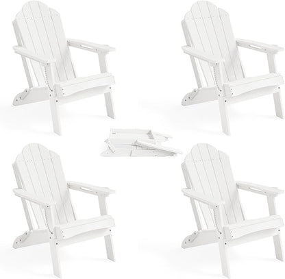 LUE BONA HDPE Folding Adirondack Chairs Set of 4 - Weather Resistant Seating with Cup Holder for Patio, Fire Pit, Deck & Resort Garden, White
