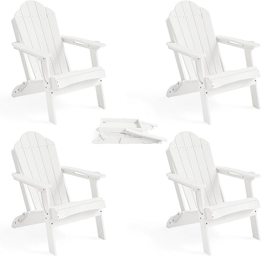 LUE BONA HDPE Folding Adirondack Chairs Set of 4 - Weather Resistant Seating with Cup Holder for Patio, Fire Pit, Deck & Resort Garden, White
