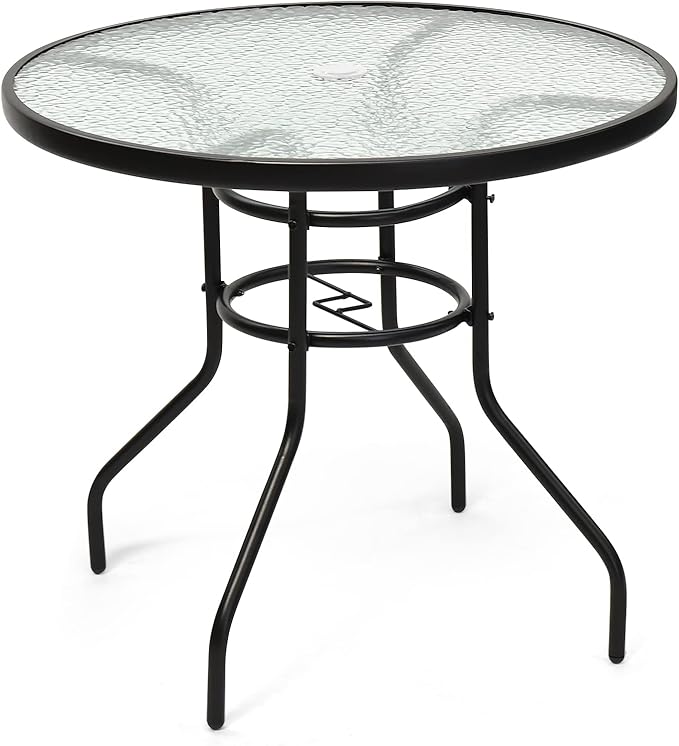 32 Inch Round Outdoor Coffee Table, All-Weather Bistro Table with Steel Frame & Tempered Glass, Dining Table for Backyard, Sunroom, Balcony, Lawn, Pool