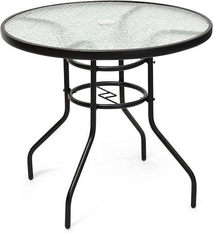 32 Inch Round Outdoor Coffee Table, All-Weather Bistro Table with Steel Frame & Tempered Glass, Dining Table for Backyard, Sunroom, Balcony, Lawn, Pool