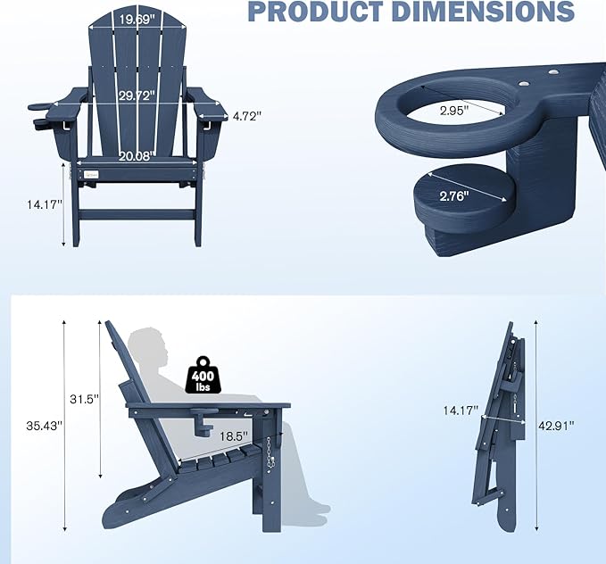 Mdeam 3-Position Adjustable Adirondack Chair Set of 4, 400LBS Capacity, Cup Holder, Wooden Textured, All-Weather HDPE Folding Fire Pit Outdoor Chairs for Poolside Deck Patio Garden Yard - Navy Blue