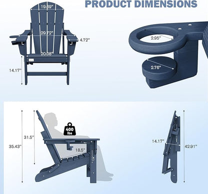 Mdeam 3-Position Adjustable Adirondack Chair Set of 4, 400LBS Capacity, Cup Holder, Wooden Textured, All-Weather HDPE Folding Fire Pit Outdoor Chairs for Poolside Deck Patio Garden Yard - Navy Blue