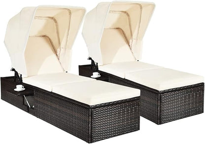 RELAX4LIFE Rattan Chaise Lounge Chair - PE Wicker Reclining Lounger with 5-Position Adjustable Backrest, Retractable Canopy, Side Table & Cushions, Sun Lounger for Garden, Porch & Beach (2, White)