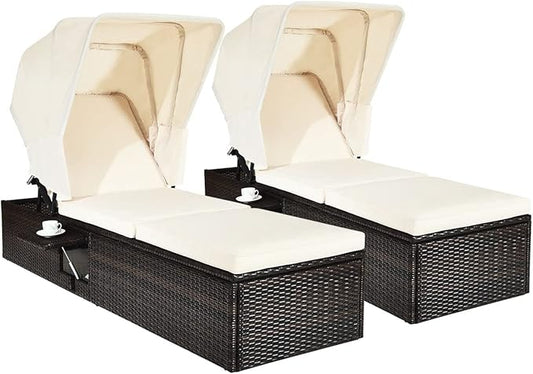 RELAX4LIFE Rattan Chaise Lounge Chair - PE Wicker Reclining Lounger with 5-Position Adjustable Backrest, Retractable Canopy, Side Table & Cushions, Sun Lounger for Garden, Porch & Beach (2, White)