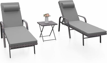 Kurapika Patio Chaise Lounge Set 3 Pieces Outdoor Lounge Chair, Rattan Reclining Chair Adjustable Backrest, Pool Sunbathing Recliners with Folding Table for Poolside Beach, Grey