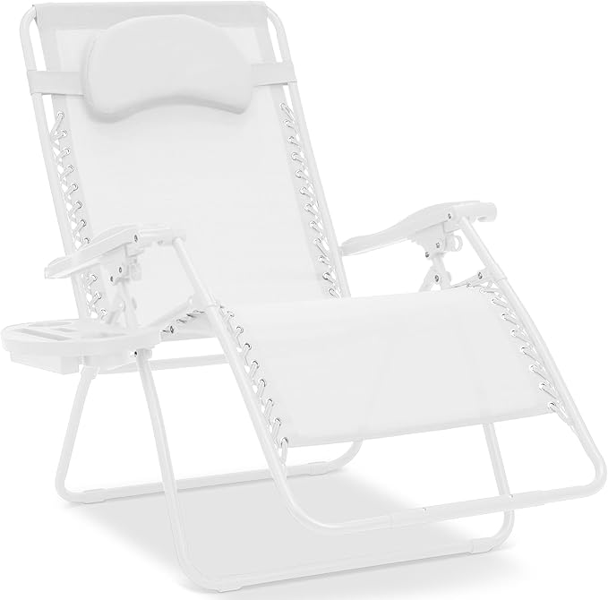 Best Choice Products Oversized Zero Gravity Chair, Folding Outdoor Patio Lounge Recliner w/Cup Holder Accessory Tray, Pillow - Snow