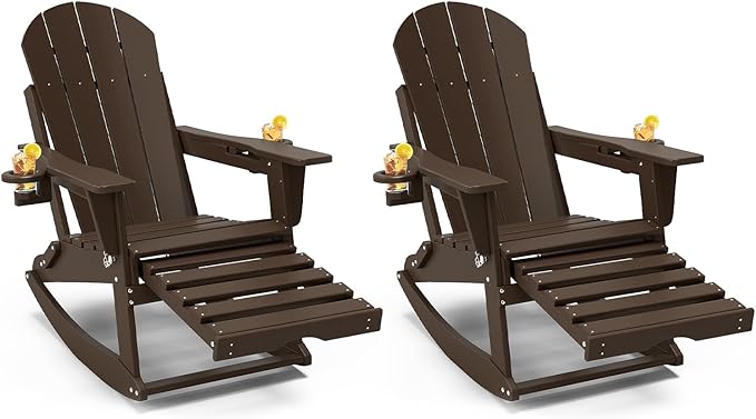 Adirondack Rocking Chairs Set of 2 with Retractable Ottoman, All Weather Folding Adirondack Chair with Two Cup Holders, Adirondack Outdoor Rocking Chairs for Porch, Patio, Balcony. Coffee