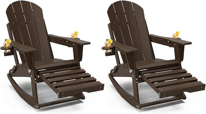 Adirondack Rocking Chairs Set of 2 with Retractable Ottoman, All Weather Folding Adirondack Chair with Two Cup Holders, Adirondack Outdoor Rocking Chairs for Porch, Patio, Balcony. Coffee