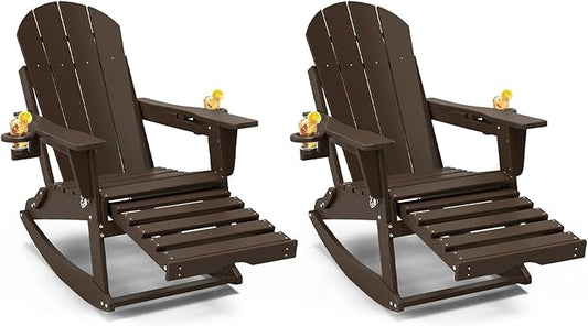 Adirondack Rocking Chairs Set of 2 with Retractable Ottoman, All Weather Folding Adirondack Chair with Two Cup Holders, Adirondack Outdoor Rocking Chairs for Porch, Patio, Balcony. Coffee