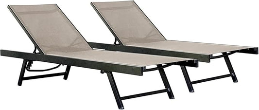 Vivere Set of 2 Aluminum Outdoor Chaise Lounge Chairs, Urban Sun Adjustable Reclining Patio Loungers, Lay Flat Tanning Chairs with Sling Seat, Cocoa