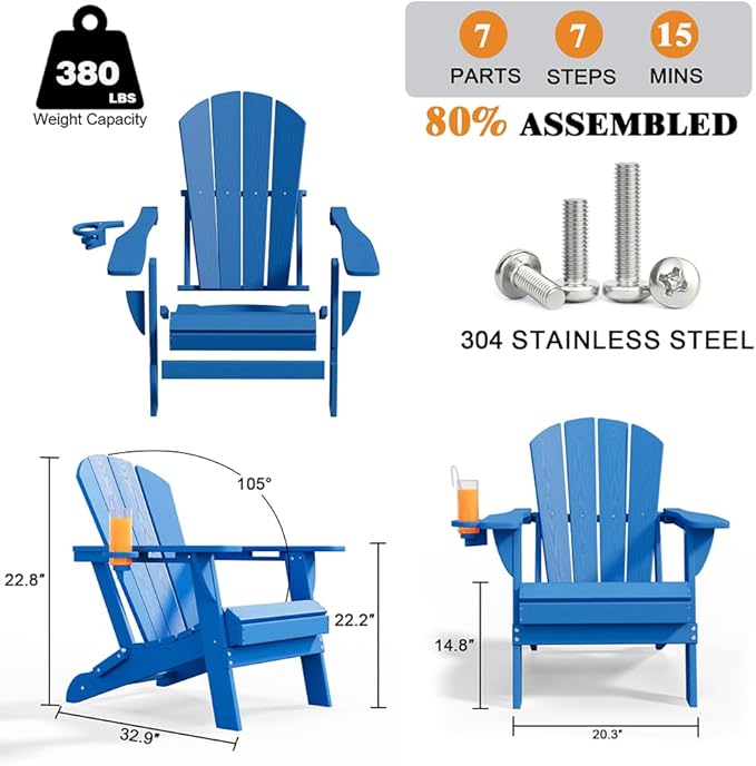Folding Adirondack Chairs with Cup Holders, Set of 4 HDPE Plastic Outdoor Chairs, Weather Resistant, Real Wood Look - Photo 2