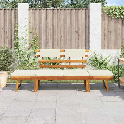 Light Brown Cream Solid Acacia Wood 2-in-1 Convertible Outdoor Bench and Sun Lounger Garden Patio Furniture for Relaxation in Sunroom or Backyard