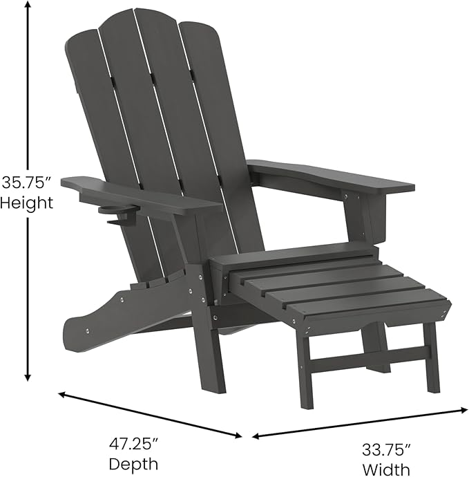 Flash Furniture Newport Poly Resin Adirondack Chair with Cup Holder and Pull Out Ottoman, All-Weather Poly Resin Indoor/Outdoor Lounge Chair, Gray