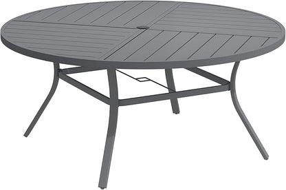 DIFY 59.8" Round Outdoor Patio Dining Table for 8-10, All-Weather Metal Steel Slatted Patio Table with 1.57" Adjustable Umbrella Hole for Garden, Backyard, Deck, Grey