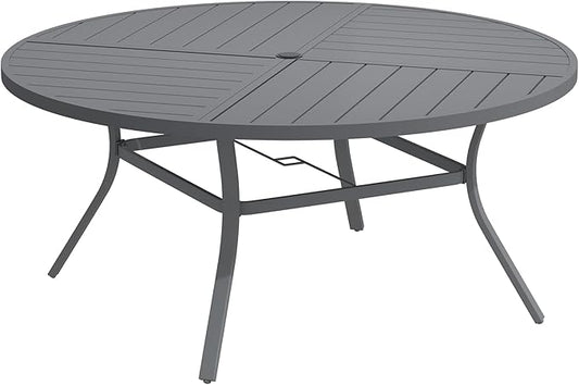 DIFY 59.8" Round Outdoor Patio Dining Table for 8-10, All-Weather Metal Steel Slatted Patio Table with 1.57" Adjustable Umbrella Hole for Garden, Backyard, Deck, Grey