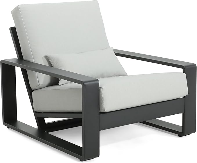 Christopher Knight Home Aspen Outdoor Aluminum Club Chair, Durable Aluminum Lounge Chair, Armchair with Cushions, Metal Accent Chair, Tilt Backrest Recliner for Backyard, Garden, Balcony, Black+Grey
