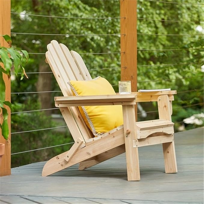 Pemberly Row Traditional Cedar Wood Folding Adirondack Chair, Beige Finish, 37"H x 28"W x 29.5"D, Ergonomic Design, Indoor or Outdoor Patio, Porch, Backyard, Low-Maintenance Moisture-Resistant Wood