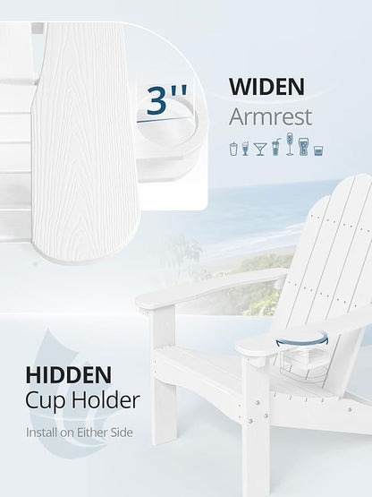 LUE BONA HDPE Adirondack Chairs Set of 2 - Salt-Spray Resistant Seating with Cup Holder for Porch, Poolside, Deck & Coastal Backyard, White
