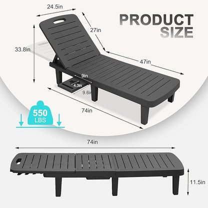 Chaise Lounge Outdoor, Waterproof Resin Lounge Chairs for Outside w/Adjustable 5 Positions All Weather Recliner Chair for Patio, Poolside, Beach, Yard, 1PCS, Black