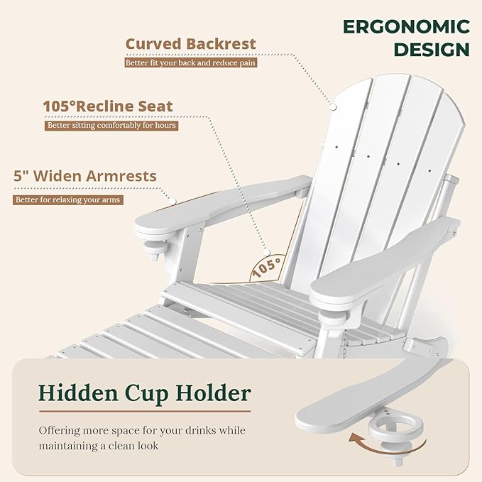 BRIOPAWS Adirondack-Chairs-with-Pull-Out-Footrest | Set of 2 | Folding | HDPE Plastic | Fire Pit Chair | All Weather | Cup Holders | Curved Back | Retractable Ottoman | for Poolside Deck | White