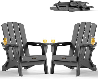 Folding Adirondack Chair 2 Pack, HDPE All-Weather Fire Pit Chairs, Plastic Adirondack Chairs with 2 Cup Holder, Outdoor Lawn Chair for Patio Garden (Grey)