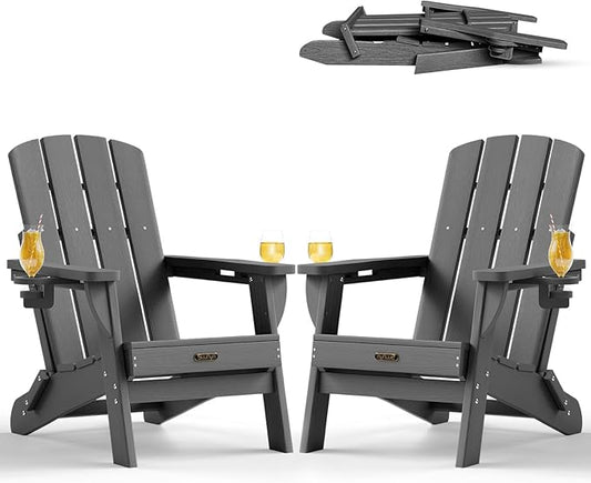 Folding Adirondack Chair 2 Pack, HDPE All-Weather Fire Pit Chairs, Plastic Adirondack Chairs with 2 Cup Holder, Outdoor Lawn Chair for Patio Garden (Grey)