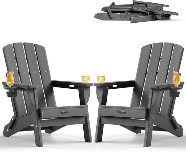 Folding Adirondack Chair 2 Pack, HDPE All-Weather Fire Pit Chairs, Plastic Adirondack Chairs with 2 Cup Holder - Photo 1