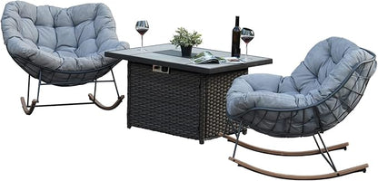 Grand patio Rocking Chair Set of 3, Rectangular Propane Fire Pit Table with Resin Wicker Base and Ceramic Tabletop, Royal Rocking Chairs with Padded Cushion and Faux Woodgrain Base