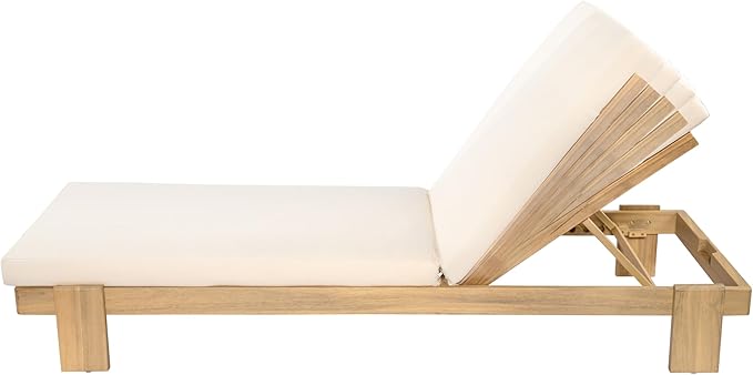 Christopher Knight Home Duska Acacia Wood Chaise Lounge Chair Set of 4, Patio Outdoor Chaise Lounge with Cushions, Adjustable Backrest Single Lounge Sofa, Garden Poolside Backyard Seating, Teak+Beige