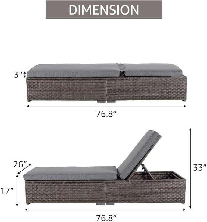 Patiorama Outdoor Patio Chaise Lounge Chair, Elegant Reclining Adjustable Pool Rattan Chaise Lounge Chair with Cushion, Grey PE Wicker, Steel Frame,Light Grey, Set of 4