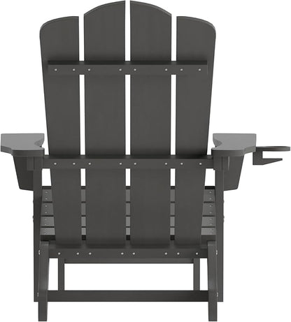 Flash Furniture Newport Adirondack Cup Holder and Pull Out Ottoman, All-Weather HDPE Indoor/Outdoor Lounge Chair, Set of 2, Gray