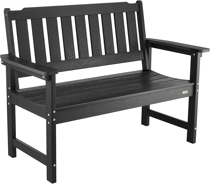 VEVOR Outdoor Bench, 50.5 inch, 800 lbs Weight Capacity for 2-3 Persons, Weatherproof Plastic Frame with Backrest and Wide Armrests, Outside Bench for Patio, Garden, Park, Yard, Front Porch, Black