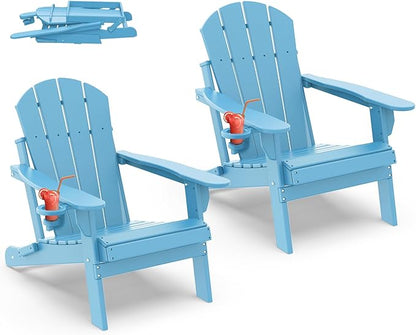 IVY&LANE Folding-Adirondack-Chairs-Set-of-2 | HDPE Plastic | Outdoor Fire Pit Chair with Cup Holder | Arctic | Poly | Weather Resistant | for Patio Deck Poolside Garden Beach