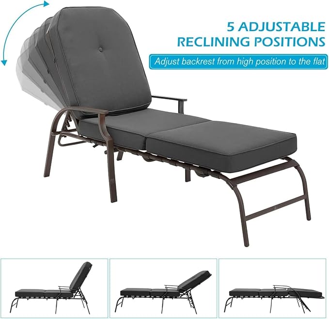 U-MAX Adjustable Outdoor Chaise Lounge Chair Patio Lounge Chair Recliner Furniture with Armrest and Cushion for Deck, Poolside, Backyard (Grey, 2PCS)