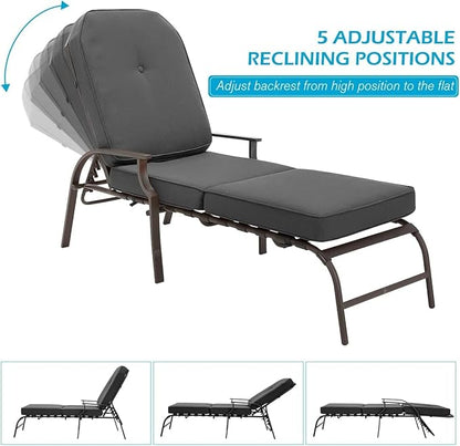 U-MAX Adjustable Outdoor Chaise Lounge Chair Patio Lounge Chair Recliner Furniture with Armrest and Cushion for Deck, Poolside, Backyard (Grey, 2PCS)