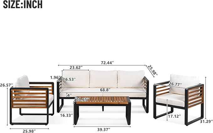Large Size 4-Pieces Outdoor Furniture Sofa for 5 Person Conversation Set, Garden Sofa Set with Removable Cushion - Photo 3