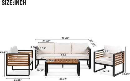 Large Size 4-Pieces Outdoor Furniture Sofa for 5 Person Conversation Set, Garden Sofa Set with Removable Cushion, Metal and Wood Frame Sofa Set, Thick Cushions, Acacia Wood Tabletop, Beige