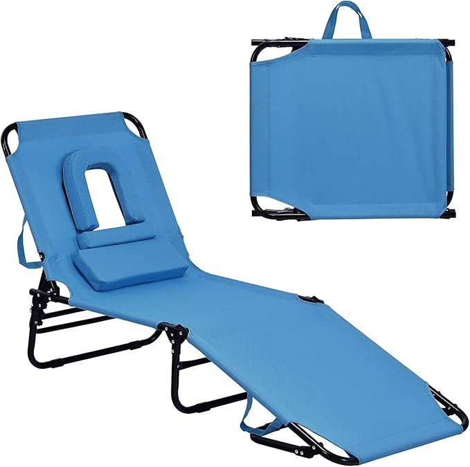 GYMAX Beach Lounge Chair, Sunbathing Chair Patio Lounge Chair Folding Adjustable Recliner with Hole for Face