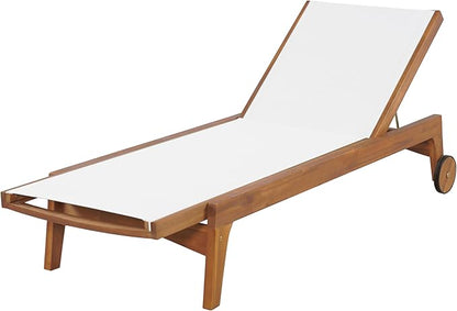 Christopher Knight Home Tristy Chaise Lounge Chair Outdoor, Acacia Wood Frame Sunbathing Pool Lounger, Adjustable Backrest Single Lounge Sofa, Patio Lounge Chaise for Poolside, White + Natural