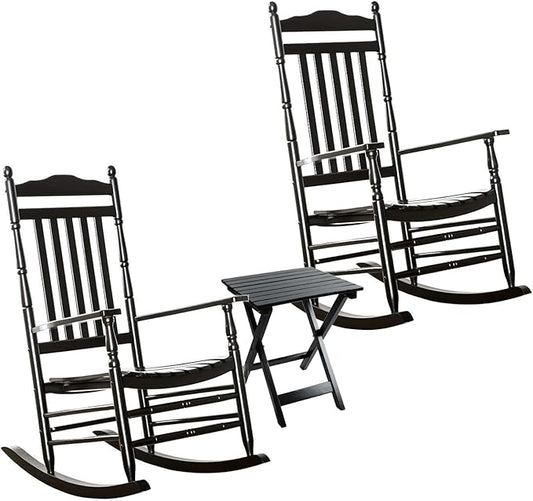 Wooden Rocking Chair for Adults 3 Piece Outdoor Furniture Set with Outside Side Table for Patio Porch Lounge Balcony, Black