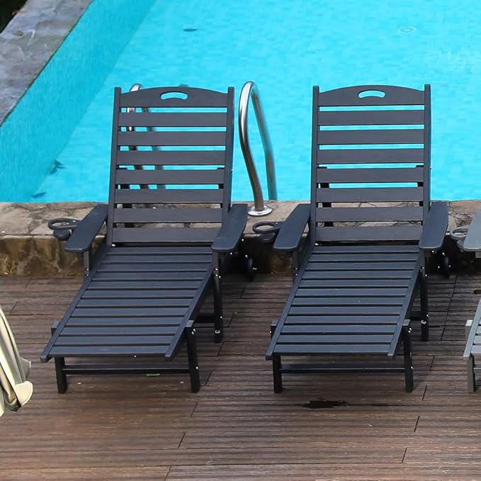 Chaise Lounge Chair Outdoor, Pool Lounge Chair with 4-Position Adjustable Backrest, Weather-Resistant HDPE Frame, Supports Up to 400 LBS for Patio, Poolside, Deck, Beach, Backyard (Black)