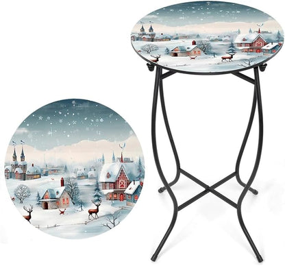 21" H Metal Side Table, Unique Christmas Tabletop with Metal Frame, Round End Bedside Table Accent Table for Bedroom Patio Yard Porch Balcony Garden